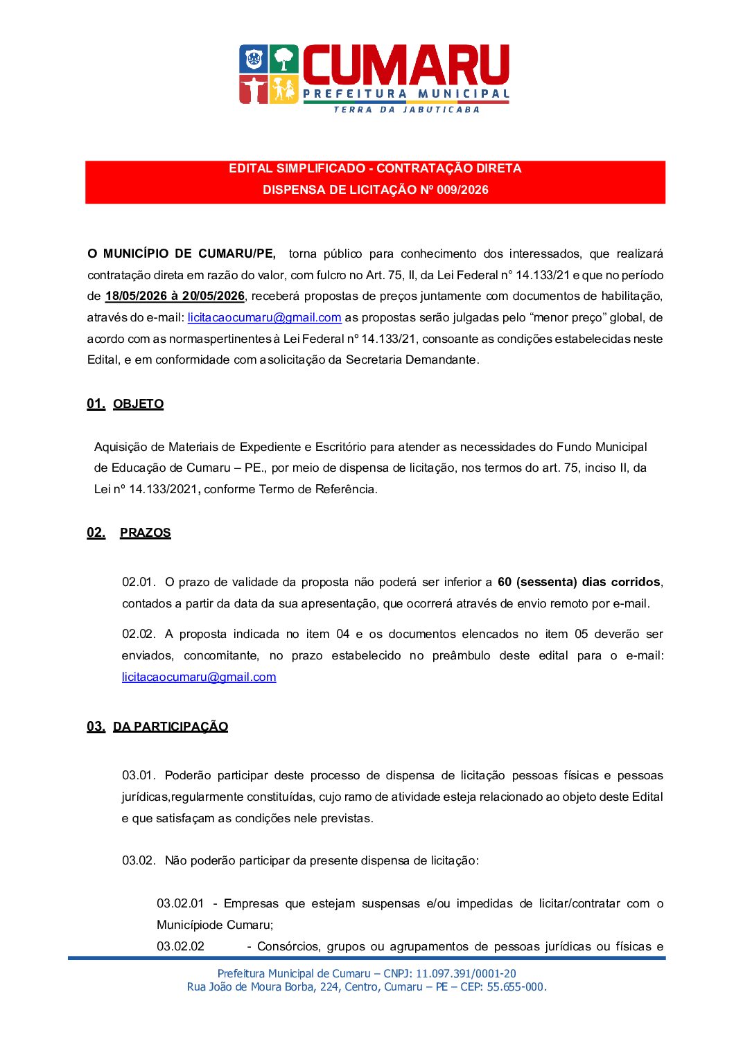 Edital expediente educação
