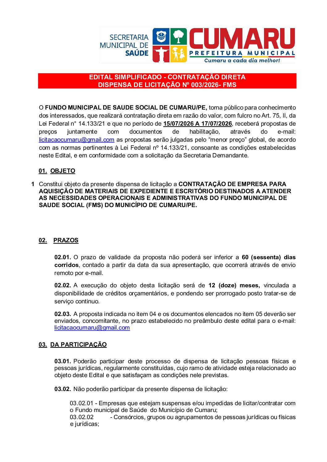 Edital dispensa EXPEDIENTE SAUDE