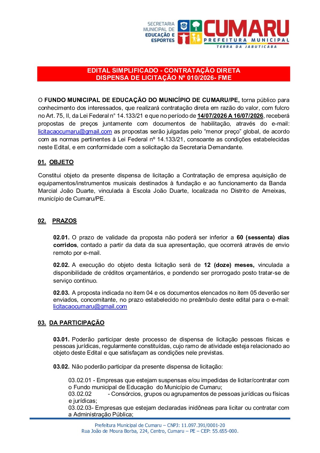 Edital dispensa - educação banda fanfarra