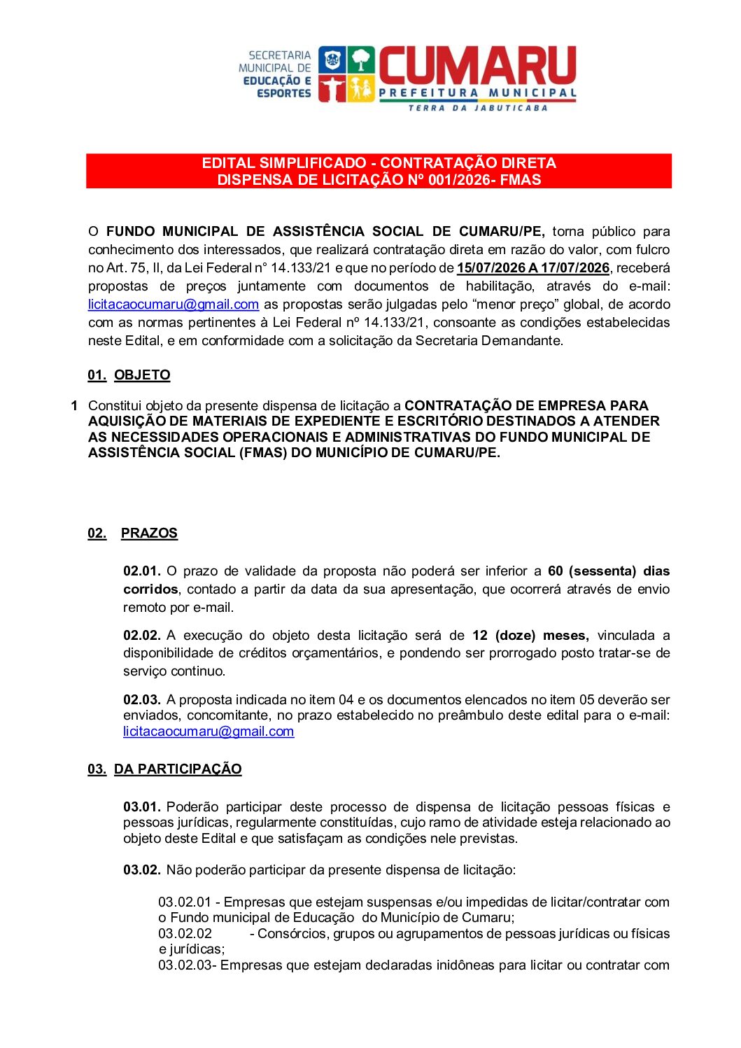 Edital dispensa ASISTÊNCIA SOCIAL