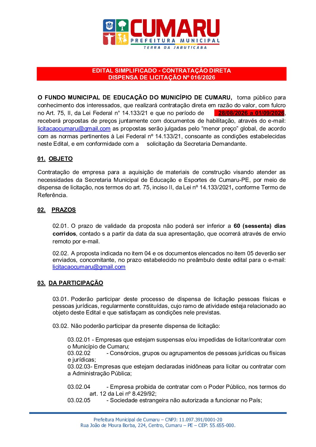 EDITAL DISPENSA MAT. CONSTR. EDUCAÇÃO