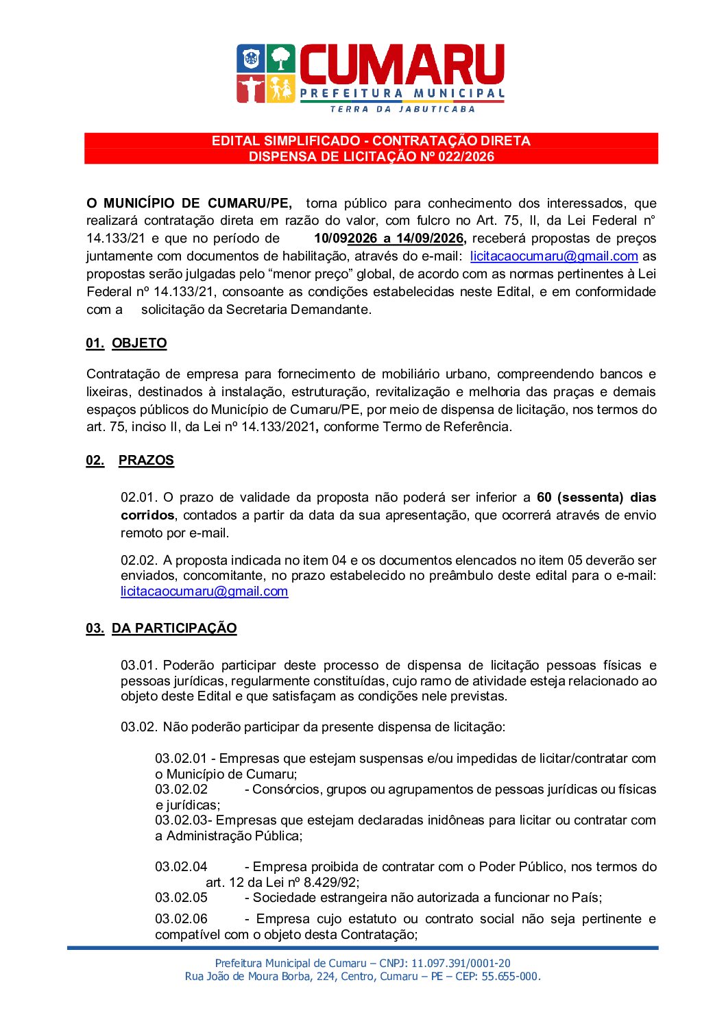 EDITAL BANCO E LIXEIRAS